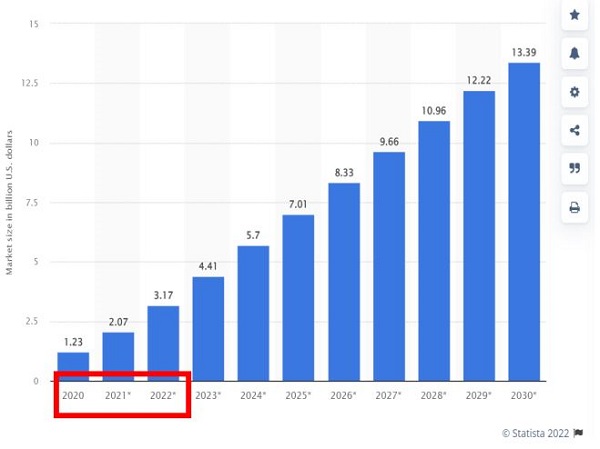 RPA 시장의 성장률은 소프트웨어 사업 부문에서 가장 높다. 매년 30% 이상 성장하고 있다.(출처 스테이티스타, 2022)