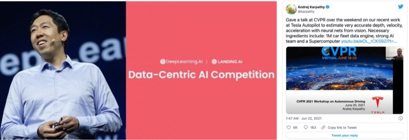 ‘데이터 중심 인공지능’을 외치는 앤드류 응과 안드레아 카르파티 (출처: DeepLearning.AI & 트위터)