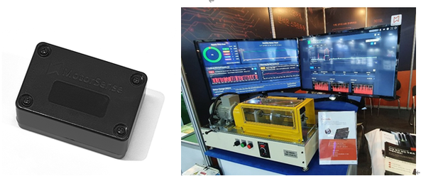 50g 무게의 ‘모터센스’ IoT 무선 진동 센서(사진 왼쪽)와 ‘모터센스’를 시뮬레이터에 적용한 실제 모니터링 서비스 화면.