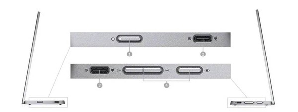델 C1422H 포터블 모니터에 장착된 2개의 USB C타입 단자와 밝기조절 및 컴포트뷰 원터치 버튼