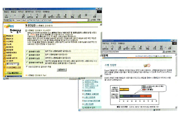 2002년 당시 다음커뮤니케이션은 날로 증가하는 스팸메일에 대한 대책으로 ‘스팸메일걸러내기’ 기능(왼쪽)과 ‘스팸메일전광판’을 운영했다.