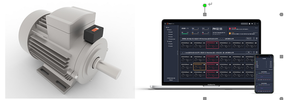 AI 모터 고장 예측 솔루션 ‘모터센스’ 구성. 모터에 부착되는 IoT 무선 센서(왼쪽)와 실시간 모터 상태 모니터링 화면(오른쪽).