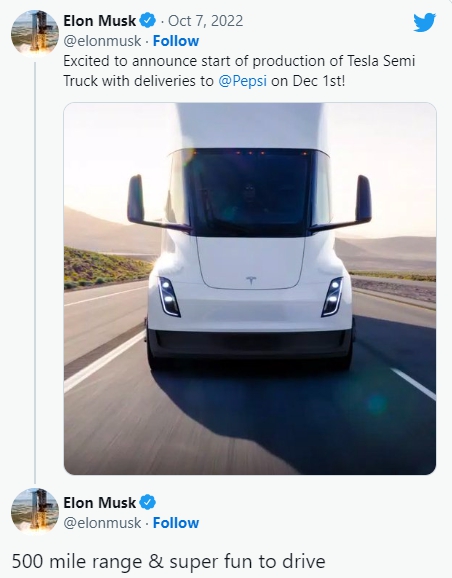테슬라가 펩시에 공급하는 세미 트럭. 사진=일론 머스크 트위터