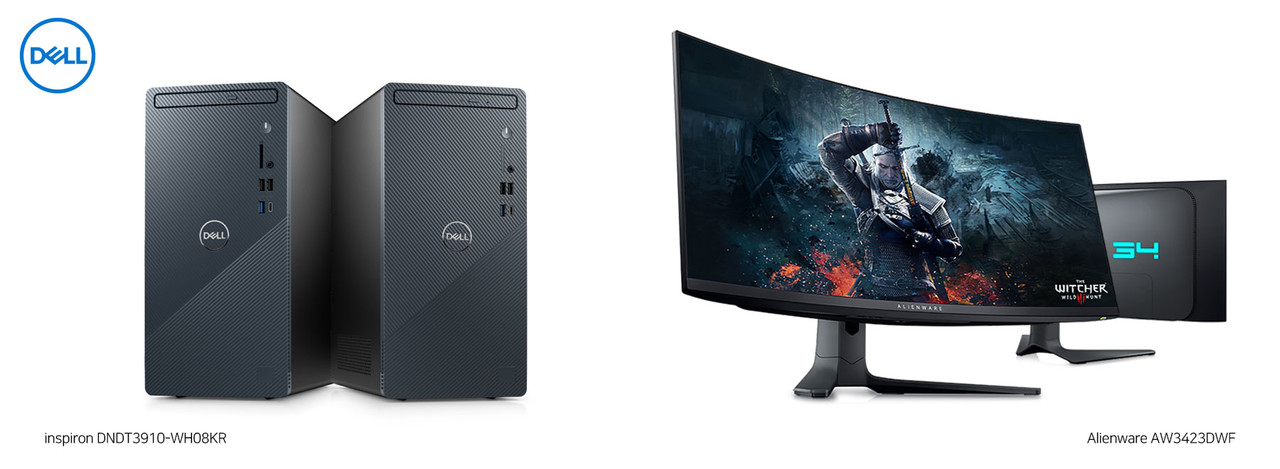다올티에스가 출시한 ‘델 인스피론 3910(모델명: DNDT3910-WH08KR)’ PC(왼쪽)와 에일리언웨어 고성능 34형 QD-OLED 게이밍 모니터 ‘AW3423DWF’