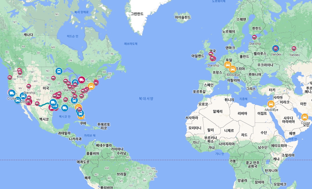 미국과 유럽 지역의 자율주행차 운행 현황. 사진=로보카