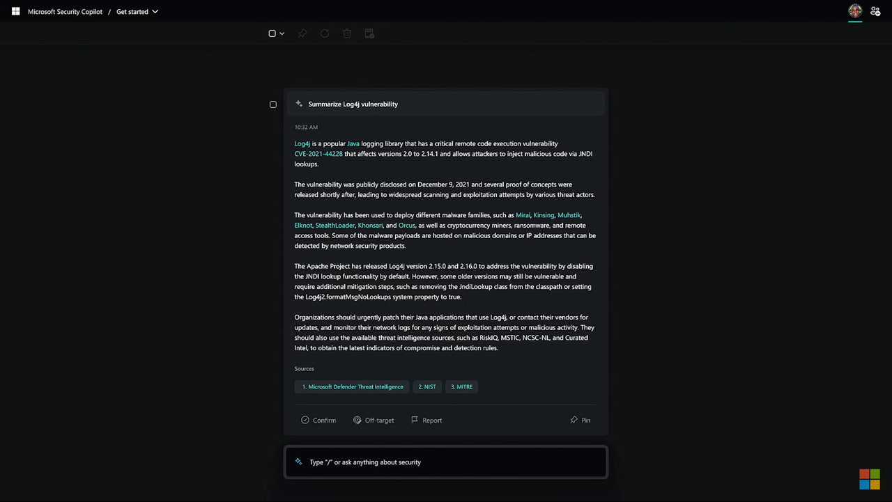 마이크로소프트 시큐리티 코파일럿 요약 기능. 시큐리티 코파일럿은 보안 전문가의 간단한 프롬프트 명령에 따라 위협 인텔리전스를 요약하고 분석하는 등 보안팀의 역량을 보강한다.