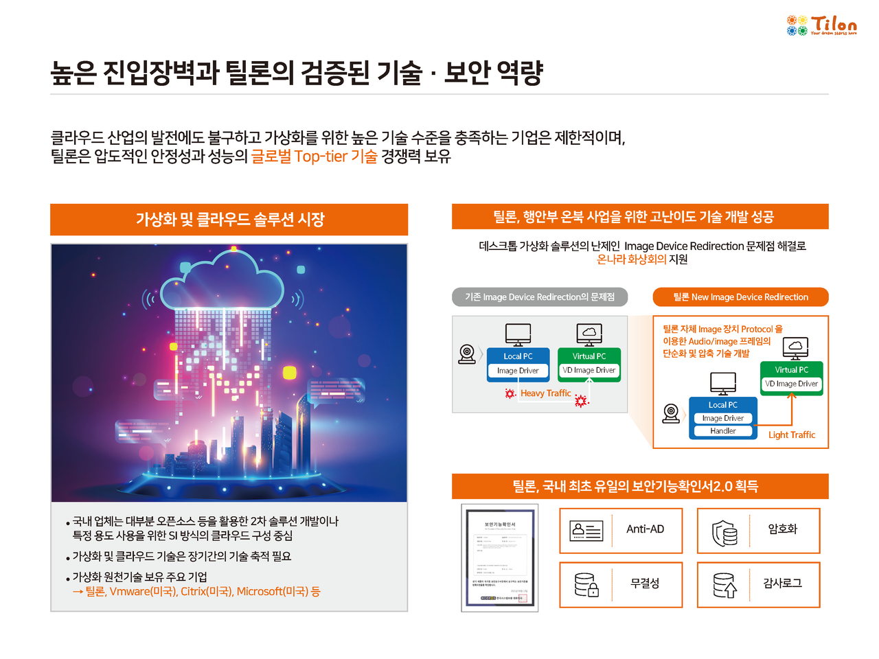 가상화 및 클라우드 솔루션 시장의 높은 진입장벽과 틸론의 검증된 기술·보안 역량 관련 슬라이드
