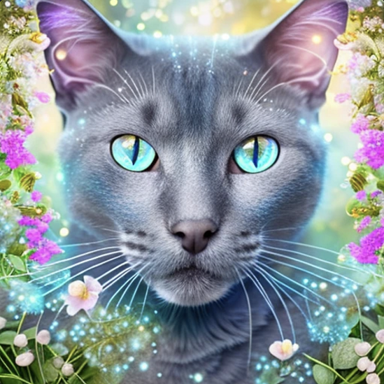 칼로 2.0에 밝은 파란 눈동자를 가진 고양이(A cat has light blue eyes)라는 명령어를 입력한 결과 