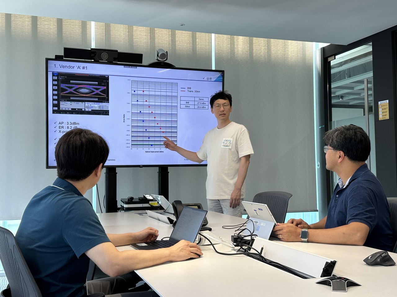 SK텔레콤 담당자들이 ‘프론트홀 고속 전송 가용 파장 확대 기술’ 시연 결과를 검토하는 모습