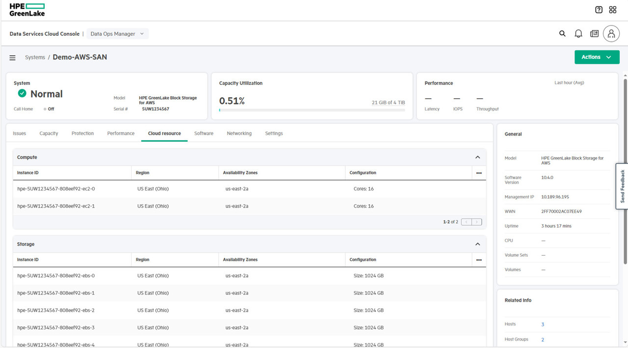 HPE 그린레이크 플랫폼을 통해 AWS용 HEP 알레트라 MP 블록 스토리지를 관리하는 모습.