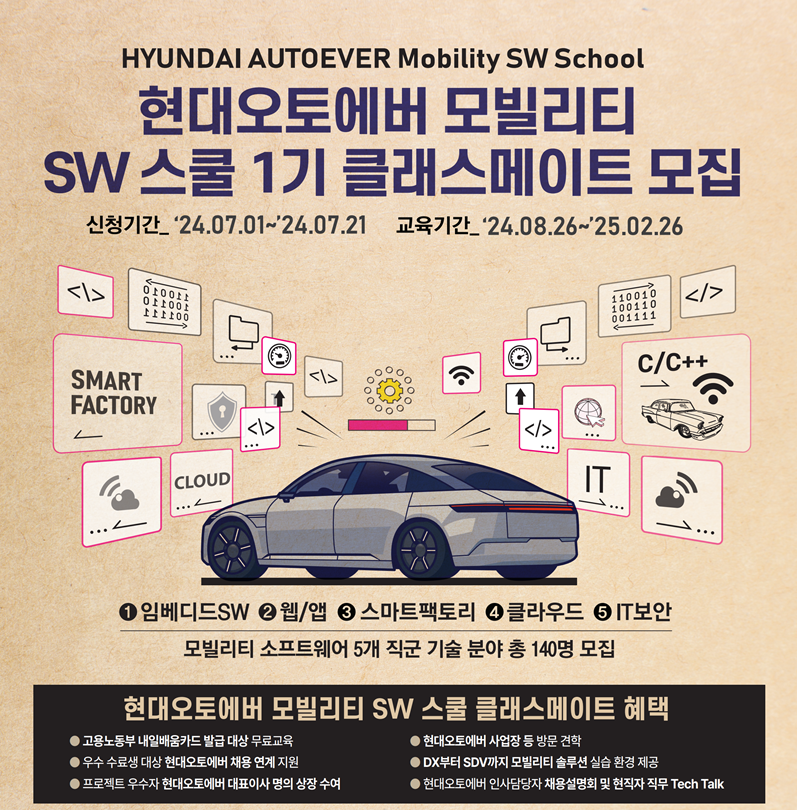 한국전파진흥협회가 ‘현대오토에버 모빌리티 SW 스쿨’ 교육생을 모집한다.