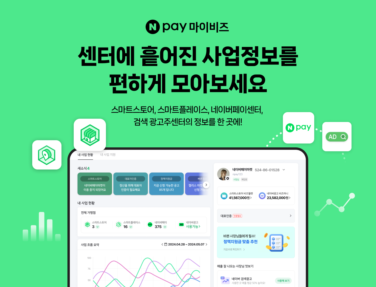 네이버페이가 사업자들이 네이버에 가입된 모든 사업을 한눈에 통합 관리하고 정책지원금 등을 맞춤 추천받을 수 있는 ‘네이버페이 마이비즈’ 서비스를 오픈했다. (사진=네이버페이)