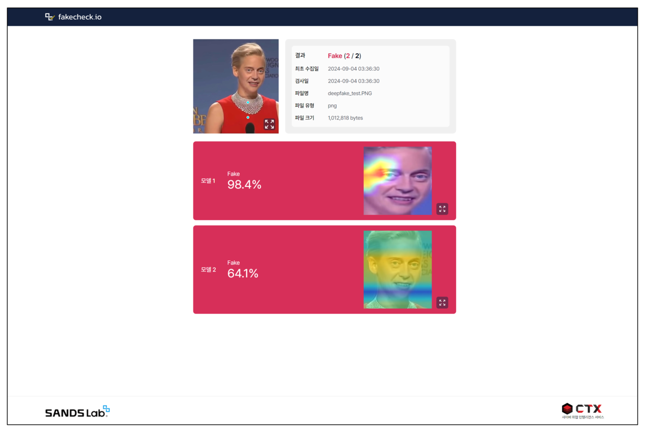 딥페이크 이미지를 분석한 실제 결과 화면 (자료=샌즈랩)
