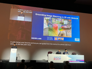 지난달 28일부터 이탈리아 밀라노에서 진행된 ECCV 2024에서 네이버랩스 연구원들이 MAS3tR에 대해 발표하고 있다.
