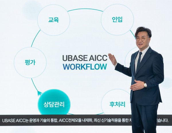 12일 개최된 '유베이스 그룹 AICC 공식 출범 기자간담회'에서 유베이스 권상철 대표이사가 유베이스 그룹의 AICC 통합솔루션을 소개하고 있다.