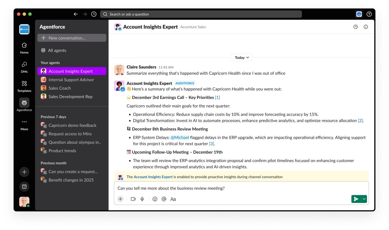 협업툴 ‘슬랙’과 통합된 세일즈포스의 ‘에이전트포스’ (출처: 세일즈포스)