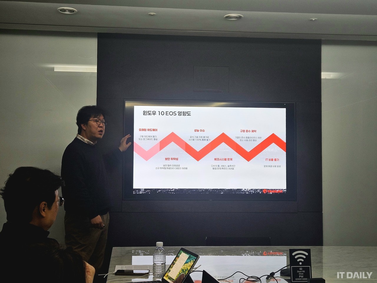 태니엄코리아 강두원 부장이 14일 서울 강남구 삼성동 사엠 타워에서 윈도우 10 EOS 대응 전략 및 향후 전망에 대해 발표하고 있다.