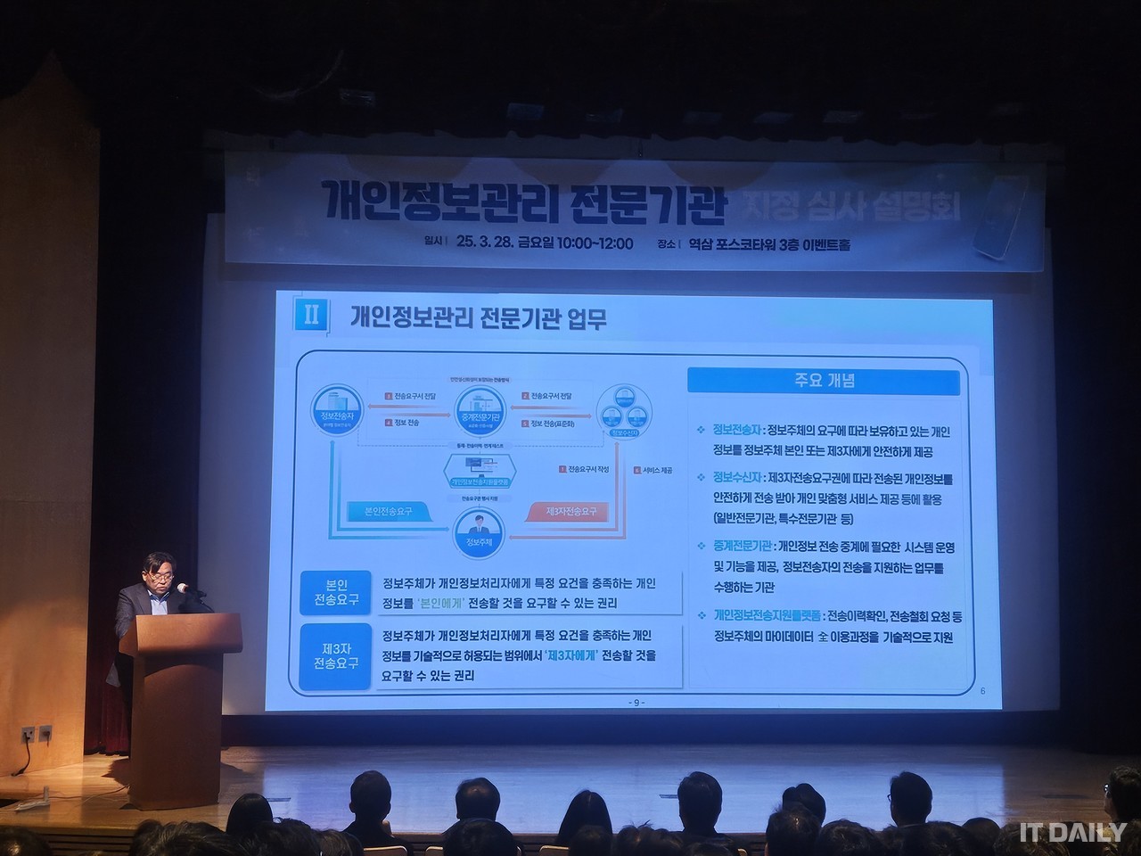 한국인터넷진흥원 고영하 마이데이터정책팀장이 28일 서울 강남구 포스코타워 역삼에서 열린 ‘개인정보관리 전문기관 지정 심사 설명회’에서 지정 요건 및 절차에 대해 발표하고 있다.