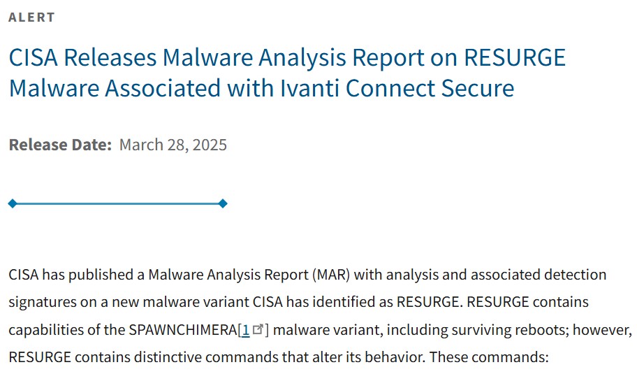 미국 CISA가 지난 28일(현지 시각) 이반티 커넥트 시큐어와 관련된 신종 멀웨어 ‘리서지’에 대해 경고했다.  (사진=CISA 홈페이지)