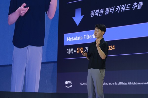 GS네오텍 임지훈 AI 센터 AI 리서치 엔지니어가 AWS 서밋 발표 세션에서 맞춤형 경량화 전략을 소개하고 있다. (사진:GS네오텍) 