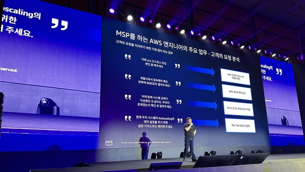 베스핀글로벌 구상원 이사가 ‘AWS 서밋 서울 2025 (AWS Summit Seoul 2025)’에서 발표를 진행하고 있다. (사진=베스핀글로벌)