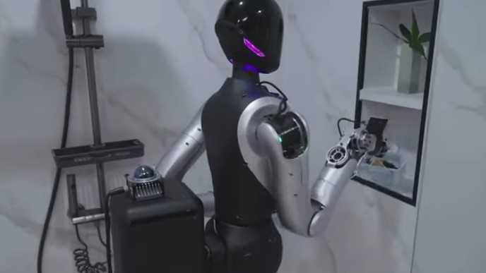 호텔 욕실을 정돈하고 있는 휴머노이드 로봇 제리스H1. 사진=제리스 유튜브