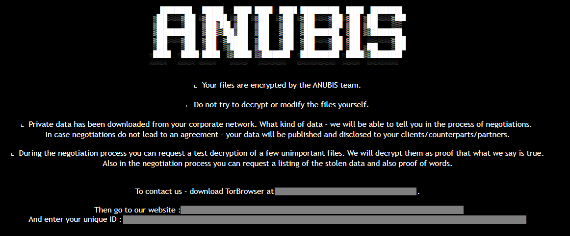 피해자의 파일을 암호화한 후 아누비스 팀이 보내는 랜섬노트 (출처=트렌드마이크로)