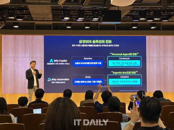 삼성SDS 솔루션사업부 송해구 부사장이 협업 솔루션 ‘브리티 코파일럿’과 업무 자동화 솔루션 ‘브리티 오토메이션’에 대해 설명하고 있다. (사진=성원영 기자)