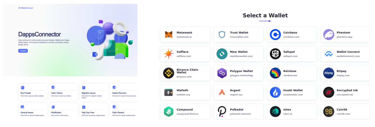 사용자에게 ‘월렛커넥트’ 프로토콜을 통한 지갑 연결을 유도하는 피싱 웹사이트 (사진=카스퍼스키)