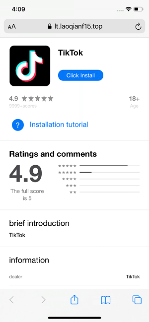 개발자 도구를 통해 틱톡 앱을 설치하도록 유도하는 앱스토어 모방 웹페이지
