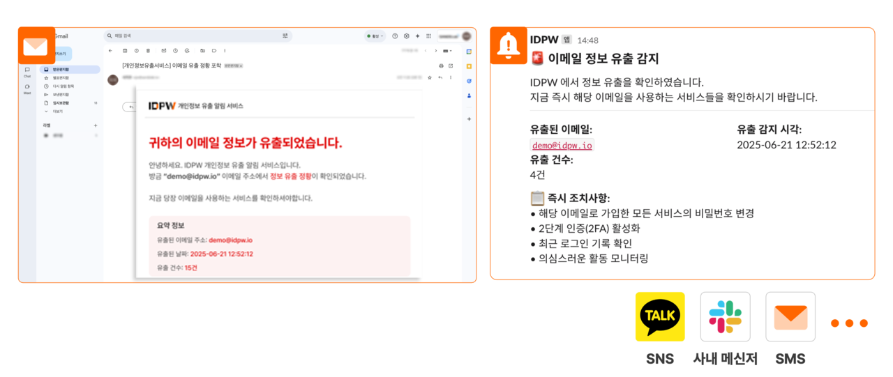 실제 정보 유출 발생 시 IDPW에서 제공하는 알림. 이메일, SNS, 사내 메신저, SMS 등 다양한 채널로 발송할 수 있다. (제공=샌즈랩)