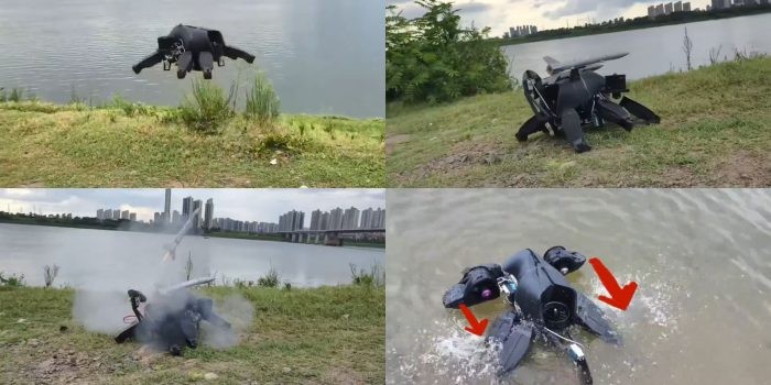 개인 엔지니어가 개발해 유튜브에 공개한 수·륙·공중 통합 로봇 시연 장면. 사진=기즈뉴스 via 유튜브