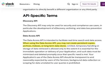제3자 앱이 슬랙 메시지를 인덱싱·저장할 수 없다는 사실을 명시한 서비스 약관 (출처: Slack.com)