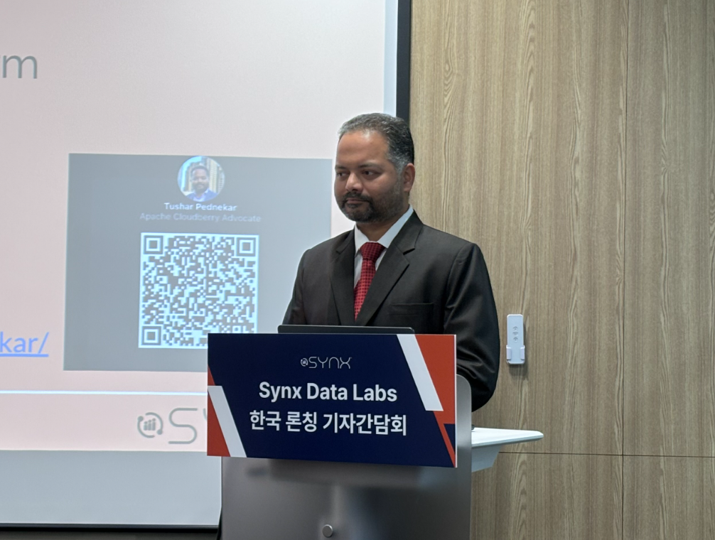 씬스 데이터 랩스 박춘삼 한국 지사장이 기자간담회를 통해 발표하고 있다. (사진=권영석 기자)