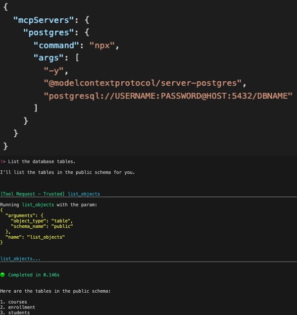 포스트그레 SQL MCP JSON 설정 및 결과의 예