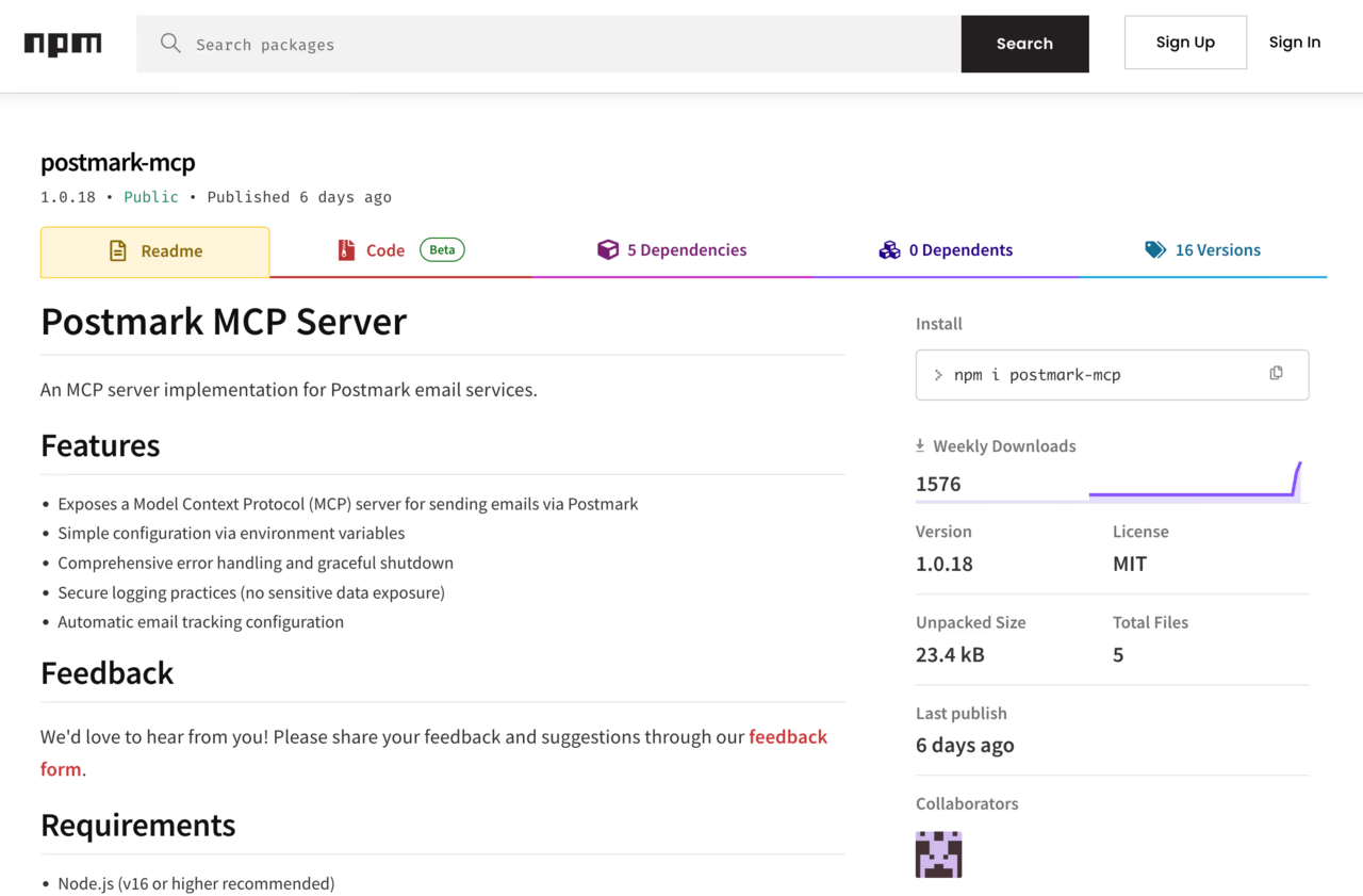 npm 저장소에 올라와 있던 ‘postmark-mcp’ 패키지. 이 패키지는 지난 25일 이후로 npm 저장소에서 발견되지 않는다. (출처=Koi Security)