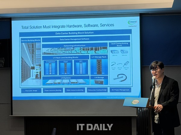 슈퍼마이크로는 지난 5월 기준 한국 시장 점유율을 5%로 집계했으며, 향후 25%까지 확대하는 것을 목표로 하고 있다. 사진은 슈퍼마이크로 코리아 FAE(Field Applications Engineer) 김성민 상무의 발표 현장. (사진=성원영 기자)