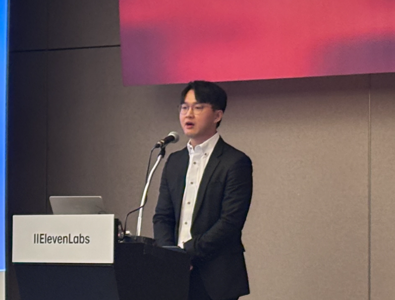 일레븐랩스 홍상원 한국지사장이 행사를 통해 발표하고 있다. (사진=권영석 기자)